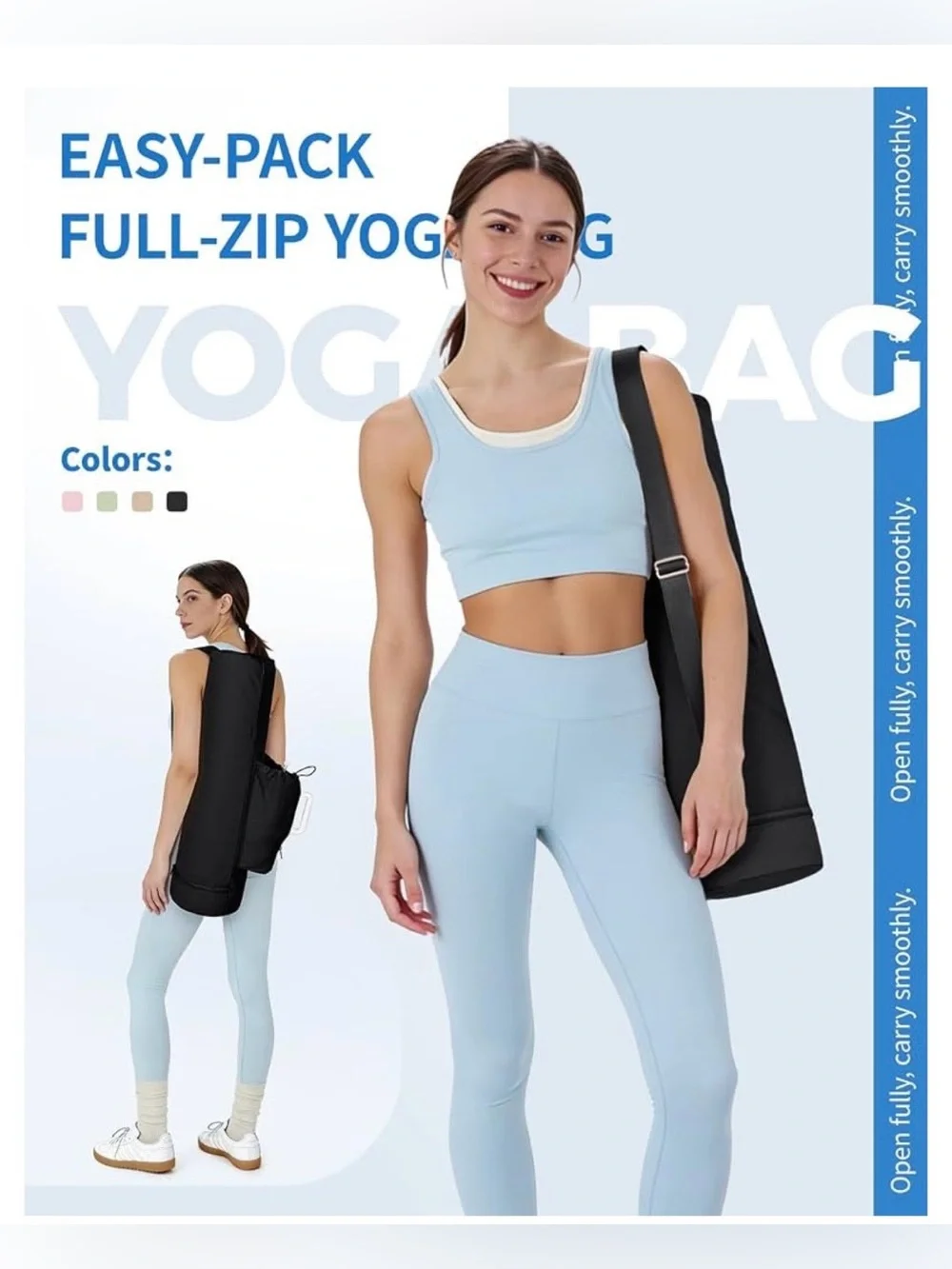 Black Full-Zip Yoga Mat Bag Gym Tote w/ Water Bottle Pocket & Wet Compartment
